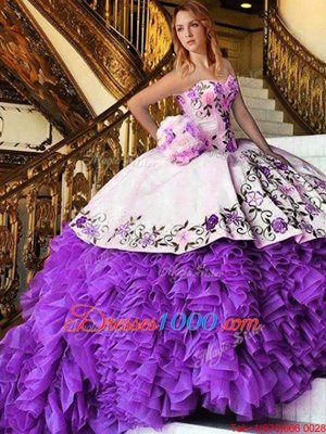Classical Floor Length White And Purple Sweet 16 Quinceanera Dress Sweetheart Sleeveless Lace Up