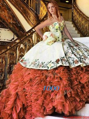 Rust Red Sleeveless Floor Length Appliques and Embroidery and Ruffles Lace Up Sweet 16 Dress