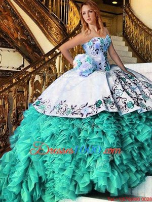Sweetheart Sleeveless Lace Up Quince Ball Gowns Blue And White Organza
