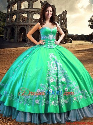 Off the Shoulder Sleeveless Satin Floor Length Lace Up Quinceanera Dress in Turquoise for with Lace and Embroidery