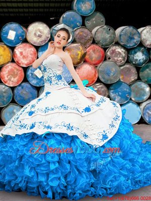 Elegant Blue And White Halter Top Lace Up Appliques and Embroidery and Ruffles Sweet 16 Dress Sleeveless