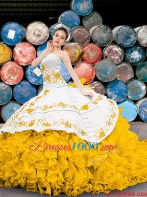 Exquisite Yellow And White Sweetheart Lace Up Appliques and Embroidery and Ruffles Quince Ball Gowns Sleeveless