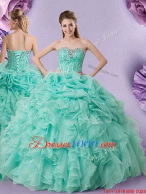 Custom Made Apple Green Organza Lace Up 15 Quinceanera Dress Sleeveless Floor Length Beading and Ruffles and Pick Ups