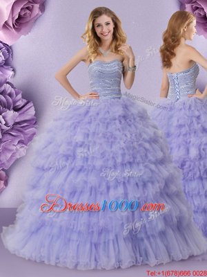 Tulle Sleeveless Floor Length 15th Birthday Dress and Beading and Ruffled Layers