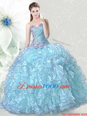 Floor Length Ball Gowns Sleeveless Light Blue Quince Ball Gowns Lace Up