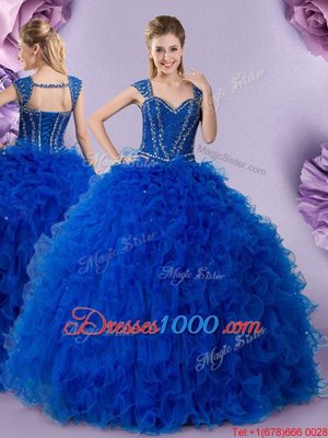 Ball Gowns Quinceanera Gown Royal Blue Straps Tulle Cap Sleeves Floor Length Lace Up