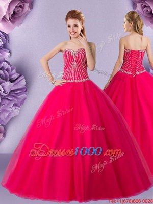 Great Hot Pink Lace Up Sweetheart Beading Quinceanera Gowns Tulle Sleeveless