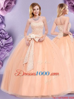 Custom Design Sleeveless Floor Length Beading and Bowknot Zipper Sweet 16 Dress with Peach