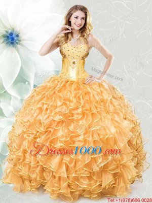 Eye-catching Gold Sweetheart Neckline Beading and Ruffles Quinceanera Dresses Sleeveless Lace Up