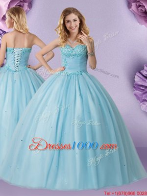 Custom Fit Light Blue Ball Gowns Tulle V-neck Sleeveless Appliques and Ruffles Floor Length Lace Up Sweet 16 Dresses
