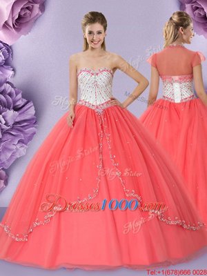 Hot Sale Floor Length Ball Gowns Sleeveless Watermelon Red Quinceanera Gowns Lace Up