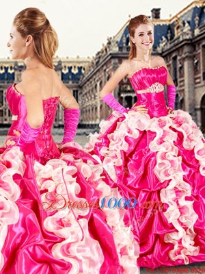 Stunning Hot Pink Lace Up Strapless Beading and Ruffles and Pick Ups 15th Birthday Dress Organza and Taffeta Sleeveless