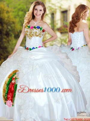 Suitable White Sleeveless Beading and Appliques and Ruffles Floor Length Quinceanera Gowns