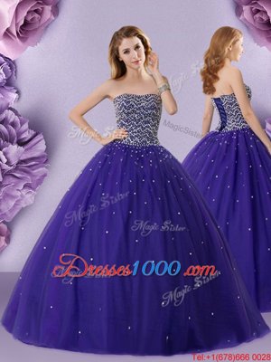 Great Purple Strapless Neckline Beading Quinceanera Gowns Sleeveless Lace Up