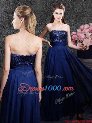 Sleeveless Floor Length Sequins Zipper Evening Dress with Navy Blue