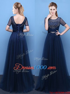 Best Scoop Floor Length Empire Short Sleeves Navy Blue Prom Dress Lace Up