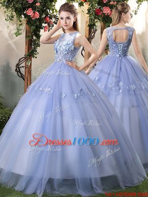Perfect Lavender Bateau Lace Up Appliques Vestidos de Quinceanera Sleeveless