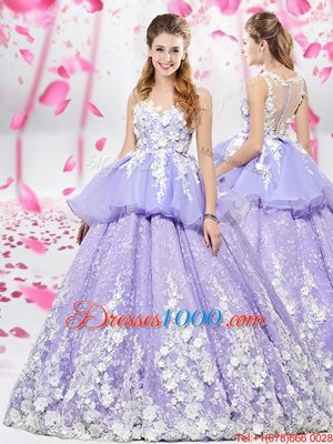 Lavender Ball Gowns Organza and Tulle Scoop Sleeveless Appliques Floor Length Lace Up Sweet 16 Quinceanera Dress