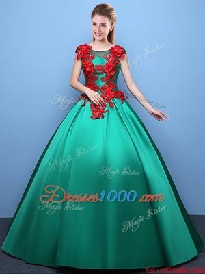 Scoop Appliques Quinceanera Dresses Green Lace Up Cap Sleeves Floor Length