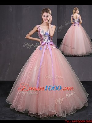 Artistic Baby Pink Tulle Lace Up V-neck Sleeveless Floor Length 15th Birthday Dress Appliques and Belt