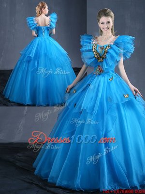 High Class Sleeveless Appliques and Ruffles Lace Up Vestidos de Quinceanera