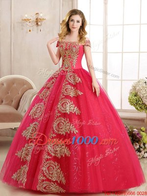 Hot Selling Off the Shoulder Red Sleeveless Floor Length Appliques and Sequins Lace Up 15 Quinceanera Dress