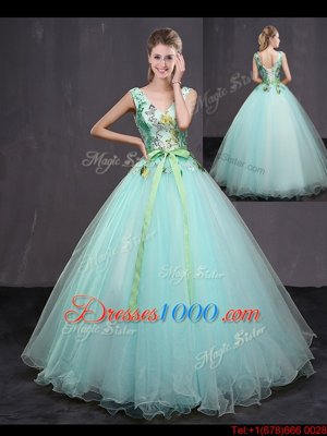 Stunning Aqua Blue Lace Up V-neck Appliques and Belt Quinceanera Dress Tulle Sleeveless
