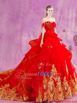 Tulle Off The Shoulder Sleeveless Court Train Lace Up Beading and Appliques and Ruffles Quinceanera Dresses in Red