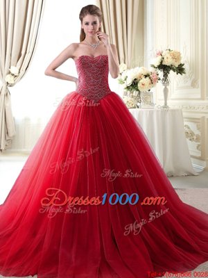 Sleeveless Tulle With Brush Train Lace Up Sweet 16 Quinceanera Dress in Red for with Beading