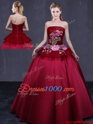 Floor Length Wine Red Vestidos de Quinceanera Satin Sleeveless Embroidery