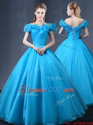 Artistic Off the Shoulder Baby Blue Cap Sleeves Floor Length Appliques Lace Up Sweet 16 Dress