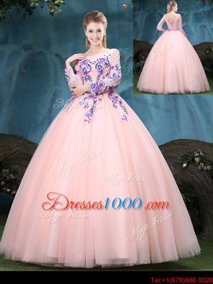 Modern Scoop Floor Length Ball Gowns Long Sleeves Baby Pink Sweet 16 Quinceanera Dress Lace Up