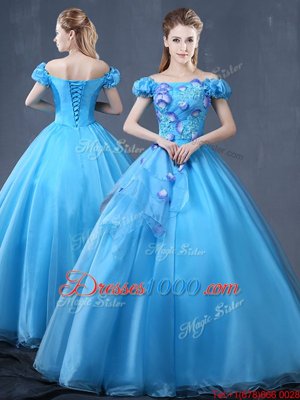 Inexpensive Floor Length Baby Blue Vestidos de Quinceanera Off The Shoulder Short Sleeves Lace Up