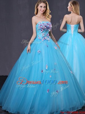 Ideal Strapless Sleeveless Lace Up 15th Birthday Dress Baby Blue Tulle