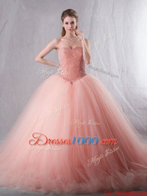 High Class Peach Tulle Lace Up Sweetheart Sleeveless With Train Ball Gown Prom Dress Brush Train Beading