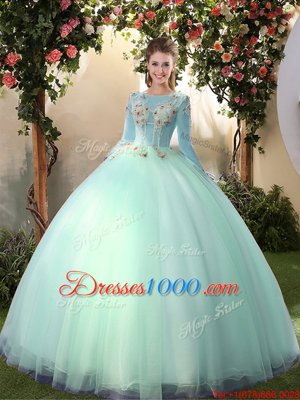 Sumptuous Scoop Apple Green Long Sleeves Appliques Floor Length Sweet 16 Dress