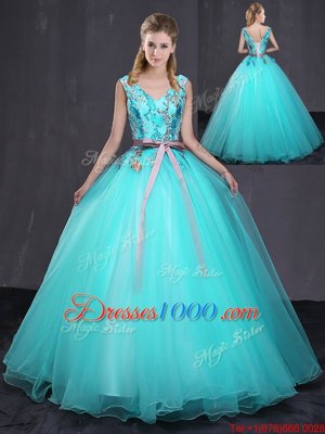 Free and Easy Appliques and Belt Sweet 16 Dresses Aqua Blue Lace Up Sleeveless Floor Length