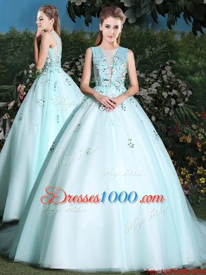 Delicate Scoop Light Blue Sleeveless Tulle Brush Train Lace Up Quinceanera Dress for Military Ball and Sweet 16 and Quinceanera