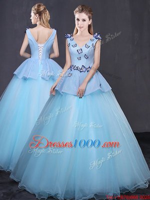 Cute Floor Length Ball Gowns Sleeveless Light Blue Vestidos de Quinceanera Lace Up