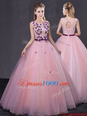 High End Scoop Baby Pink Ball Gowns Appliques 15 Quinceanera Dress Lace Up Tulle Sleeveless Floor Length