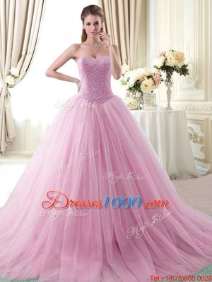 Rose Pink Quinceanera Gown Military Ball and Sweet 16 and Quinceanera and For with Beading Sweetheart Sleeveless Brush Train Lace Up