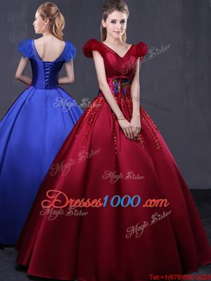 Cap Sleeves Floor Length Appliques Lace Up Quince Ball Gowns with Wine Red