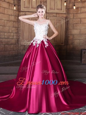 Scoop Sleeveless Elastic Woven Satin Quince Ball Gowns Lace and Appliques Court Train Lace Up