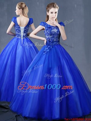 Royal Blue Lace Up Sweet 16 Dresses Lace and Appliques Short Sleeves Floor Length