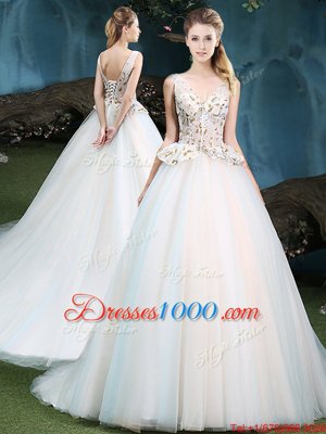 Fabulous White Sleeveless Tulle Brush Train Lace Up Sweet 16 Dresses for Military Ball and Sweet 16 and Quinceanera