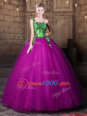 Fantastic One Shoulder Pattern Quinceanera Gowns Purple Lace Up Sleeveless Floor Length