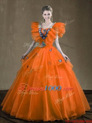 Modest Orange Red Ball Gowns Appliques and Ruffles Quinceanera Gown Lace Up Organza Sleeveless Floor Length