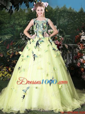 Glamorous Organza Scoop Sleeveless Brush Train Zipper Appliques Quinceanera Gowns in Light Yellow