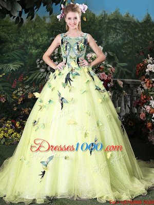 Glamorous Organza Scoop Sleeveless Brush Train Zipper Appliques Quinceanera Gowns in Light Yellow