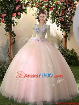 On Sale Scoop Peach Lace Up 15 Quinceanera Dress Appliques Long Sleeves Floor Length